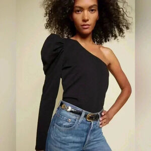 Nation LTD Black Sabrina One Shoulder Puff  Long Sleeve Party Tee Size Small